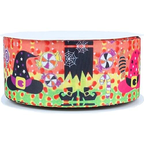FLRA Ribbon Wholesale colorful candy and black hat pattern printed Halloween grosgrain ribbons