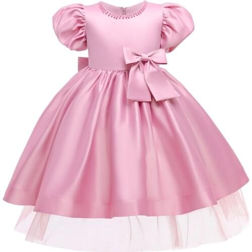 Satin Bow Short Sleeve Princess Kids Dress for Girls Ball Gown Party Wedding Formal Bridesmaid Prom Dresses Girl Clothes Costume