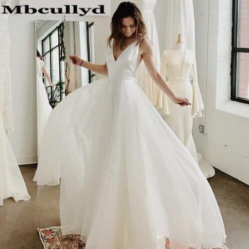 Mbcullyd V-neck A-line Wedding Dresses 2020 Cheap Floor Length Wedding Gowns Newest Organza Boho Wedding Dress Plus Size