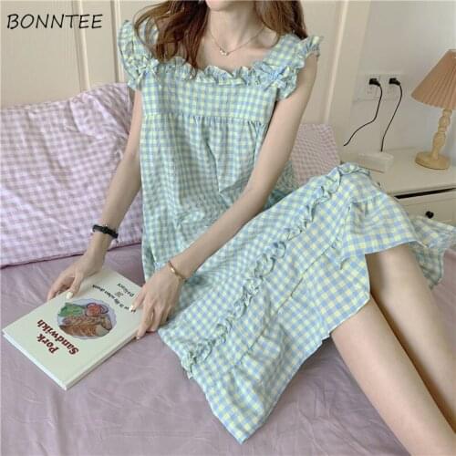 Nightgowns Women Plaid Leisure Summer Mid-calf Simple Sweet Ulzzang Sleepwear Student Ins New Arrival Breathable Chic Sleeveless
