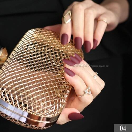 New Matte False nails short Round head Pointed burgundy fake nail full cover Pure colour candy 24pcs Full sets deep wine red