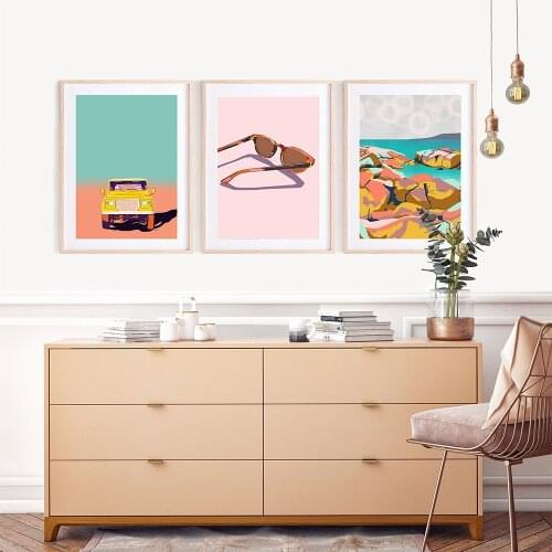 Pastel Beach Canvas Painting Car Glasses Summer Posters Boho Coastal Artwork Wall Art Picture Modern Home Decoration