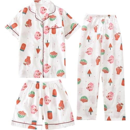 Three-piece Japanese-style Pajamas Women Spring and Summer Autumn 100% Cotton Gauze Short-sleeved Shorts Trousers Summer Suit Ho