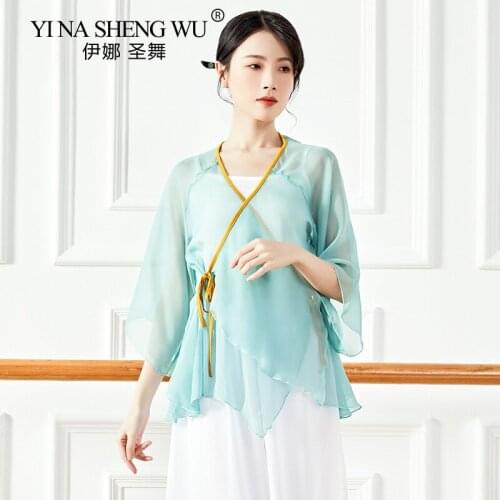 Women Classical Dance Practice Clothes Elegant Ancient Cloak Shirt Rhyme Gauze Top Folk Dance Costume Long Sleeve Chinese Style