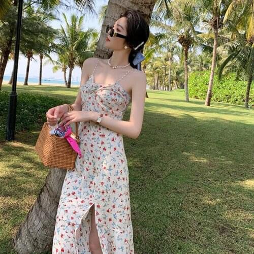 French Floral Pearl Dress Women 2021 New Summer Slit Camisole Dresses Vintage Sexy Sleeveless Vacation Dress Female