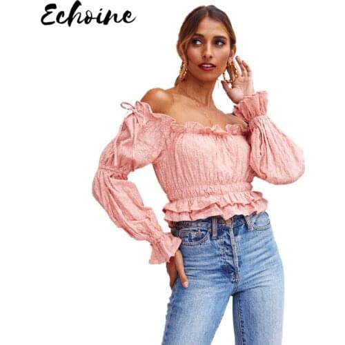 Echoine Solid Casual Embroidery Print Off Shoulder Long Sleeve Chiffon Top Sweet Fungus sleeve Ruffles Skinny Waist Blouse