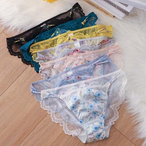 Romantic Sexy Calendula Satin Print Briefs Low Waist Hollow Lace Panties for Ladies