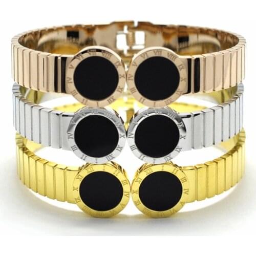 Luxury Brand Width Belt Bangles Round Black Cuff Bracelets Jewelry Stainless Steel Roman Numeral Cuff Bracelets Men Women
