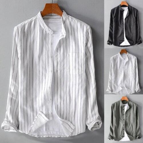 Mens Japanese Stand Collar Striped Cotton Linen Long Sleeve Shirt Fashion Casual Loose High Quality Holiday Button Shirt 2021