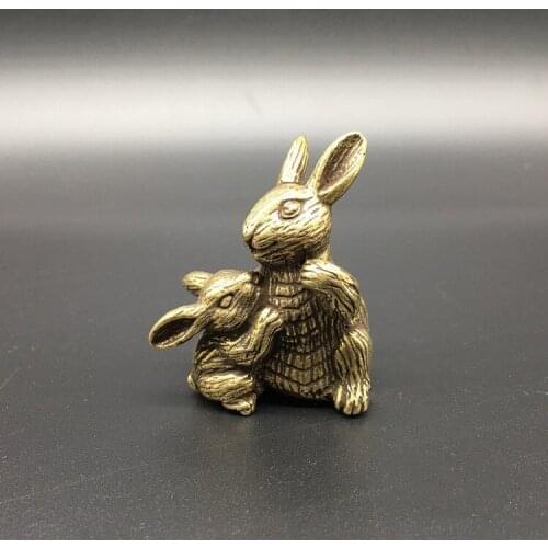 Collectable Chinese Brass Carved Animal Zodiac Mother Rabbit And Baby Rabbit Exquisite Small Statues
