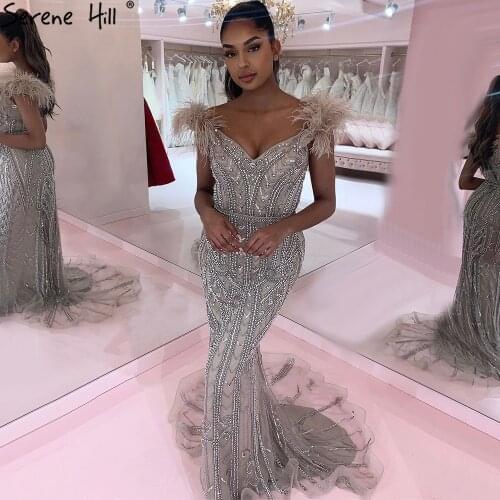 Serene Hill Lilac Luxury Mermaid Evening Dresses Gowns 2020 Elegant Feathers Beading Sexy For Women Party LA70830