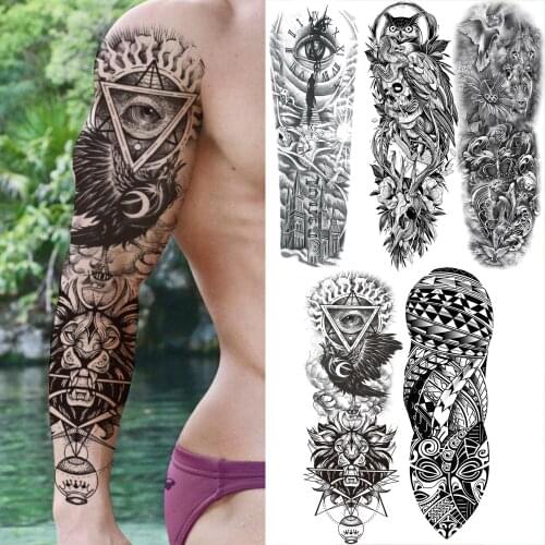Evil Eye Lion Temporary Tattoos Sleeve For Men Women Fake Owl Angel Guide Real Totem Tattoo Sticker Washable Full Arm Tatoos Big