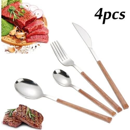 Stainless Steel Western 4 In 1 Fork Teaspoon Spoon Cutlery Tableware Set Portable Glossy Wood Silver Color Dinnerware