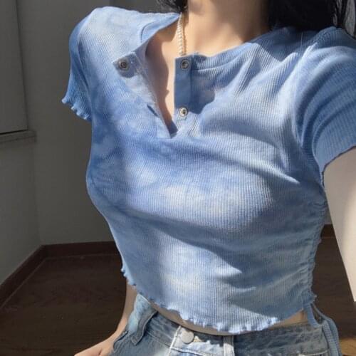High Street Blue Tie-dye Crop Tops Women Fashion Button O-neck Short Sleeve Slim T-shirt Summer Casual Cotton Short Top