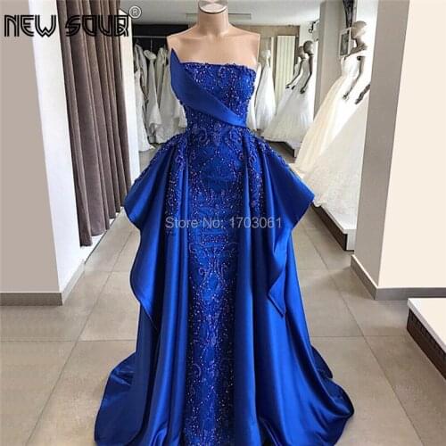 Royal Blue Beaded Evening Dresses Vestido De Festa New Arrical Party Gowns With Detachable Dubai Turkish Islamic Prom Dress 2019