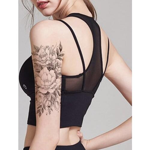 Plain Flower Waterproof Temporary Tattoo Sticker Black Peony Branches Leaves Fake Tattoos Flash Tatoos Arm Body Art for Women