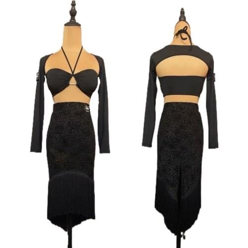 Fringe Latin Dance Skirt Women Latino Tops Stage Costume Black Tango Dance Outfit Salsa Clothing Sexy Samba Dancewear JL3396