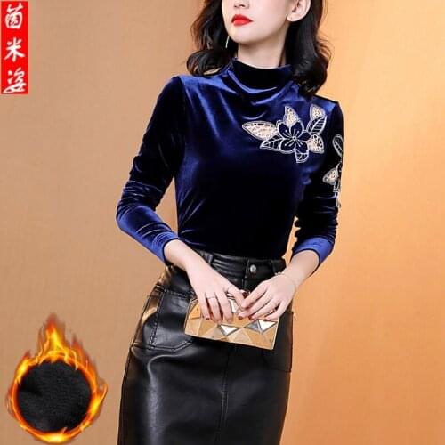 Woman TShirts Womens Shirt 2021 Spring and Autumn Long Sleeve T-shirt Blue Embroidery Pleuche Top Crop Top Mujer Camisetas