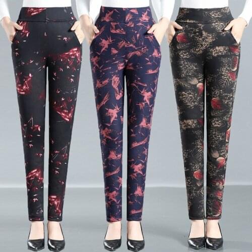 2021 Women Autumn Winter Print Pockets Leggings Lady High Waist Warm Plus Velvet Print Leggings Female Casual Mid-aged Pant L280
