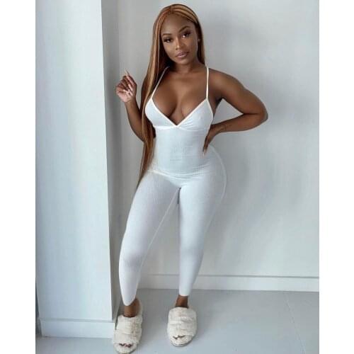 Echoine Solid Ribbed Strap V-neck Jumpsuit Women Sexy Skinny Backless Cross Overalls Fitness Party Clubwear Outfits Playsuit