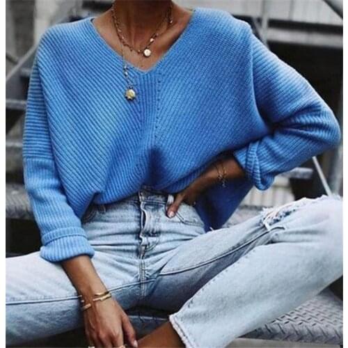 New Arrival Autumn Winter Blue Knitted Pullovers Women Long Sleeve V-neck Cashmere Sweaters Women Casual Korean Female Jumper