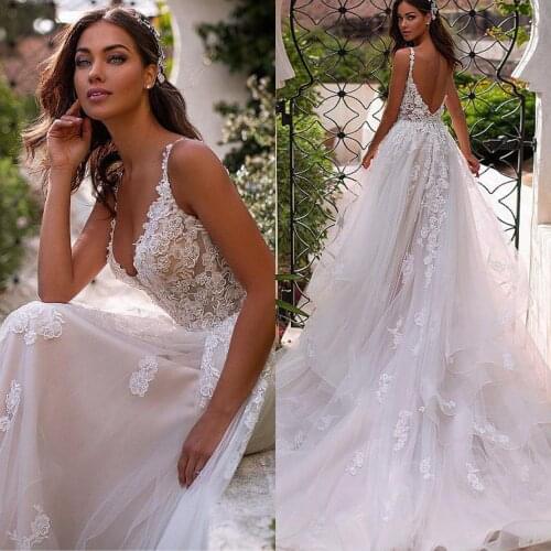 Gorgeous Wedding Dresses V-Neck Sleeves Appliques Tulle Gowns Custom Made Backless Bridal Dresses 2020