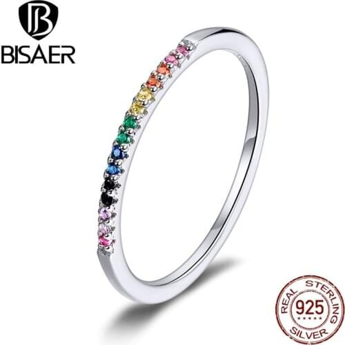 Colorful Zircon Ring BISAER On Sale 925 Sterling Silver Rainbow Zircon Ring For Women Wedding Bridal Anel Jewelry ECR583