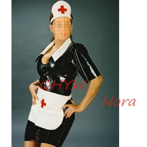 Sexy Latex Rubber Women Cosplay Nurse Dress Sexy Dress Sets With Hat&Apron With Front Metal Button cosplay costume