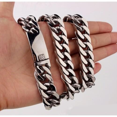 Beichong 18mm Wide 316L Stainless Steel Gold-color Flat Curb Link Necklace Mens Boys Dog Chain Jewelry for Gift Men