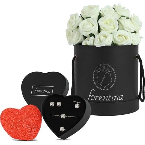 Forentina Tektaş Kolye Küpe Bileklik Yüzük - Güllü Kutu Hediye Set PS1809