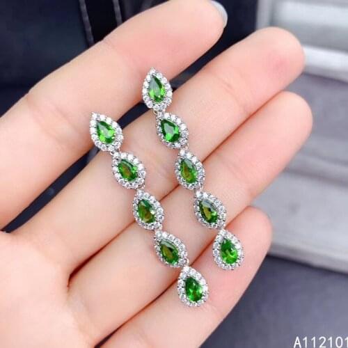 KJJEAXCMY fine jewelry 925 sterling silver inlaid natural diopside Womens classic Chinese style water drop long eardrop support
