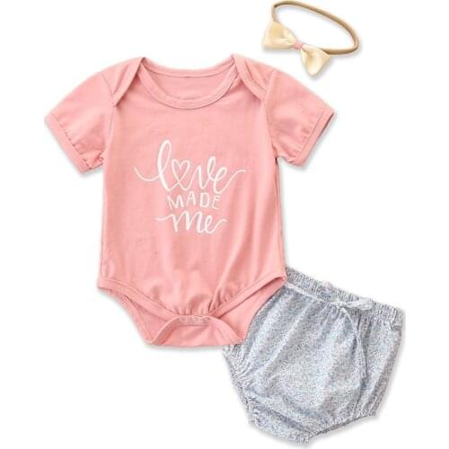 3pcs Newborn Baby Girls Clothes Sets Letter Printed Short Sleeve Romper Floral Shorts Headband
