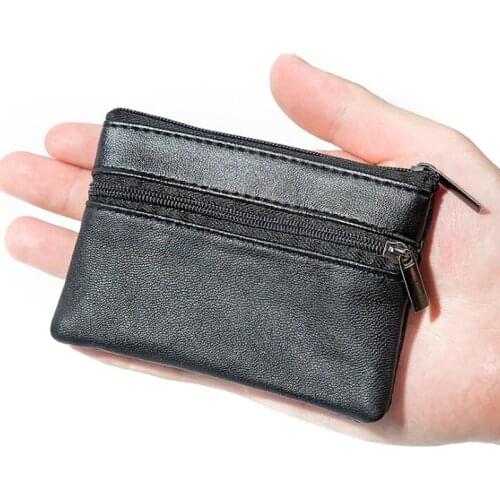Mens Coin Purse Black Leather Single Zipper Multi-Function Mobile Phone Coin Purse Fashion Mens Mini Wallet