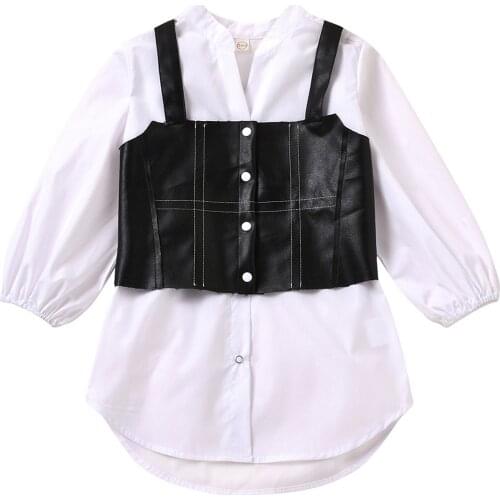 2021 1-6Y Fashion Kids Baby Girl Clothes Set White Solid V Neck Long Sleeve Shirt Dress+Button Leather Vest Autumn 2pcs Outfits