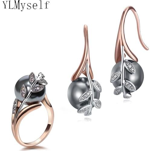 Dropshipping Hot Earrings ring sets Rose gold plate with Grey pearl and cubic zircon stone Wholesale 2pcs jewelry set for women