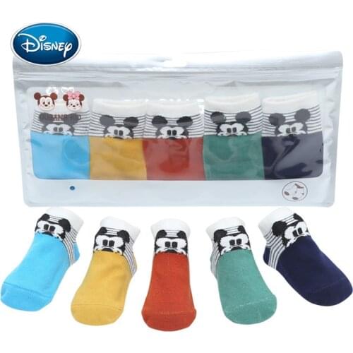 Disney 5pair cartoon Mickey Princess pattern solid color non-slip childrens floor socks sports cute striped straight baby socks