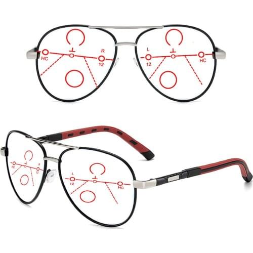 Oversized Al-mg Alloy Grey Frame Pilot Progressive multifocal Reading Glasses +0.75 +1 +1.25 +1.5 +1.75 +2 +2.25 +2.5 +2.75 To+4