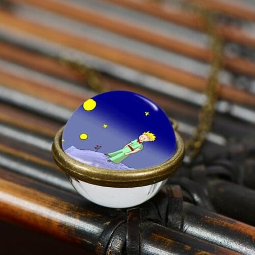 Classic French Le Petit Prince Necklace Comic Style Little Prince Fox And Rose Double Side Glass Ball Pendant Necklace