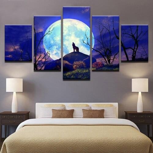 Canvas Art Print Modular Painting 5 Panel Animal Wolf Poster Wall Picture For Home Decoration Kids Room Night View Framework