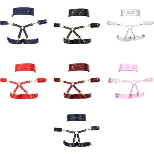 4 In 1 Erotic Faux Leather Body Harness Bondage Waist Cage Handcuffs Garter Belt Cross Buckle BDSM Lingerie Sex Toys