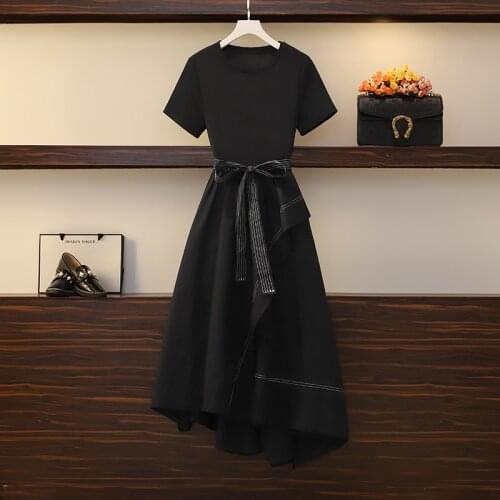 Plus size office ladies elegant black high waist belt long dresses Summer short sleeve irregular A-line maxi dresses korean robe