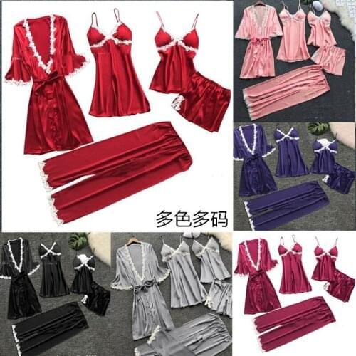 5-piece silk pajamas womens lace satin pajamas dress set V-neck suspenders home pajamas spring pajamas