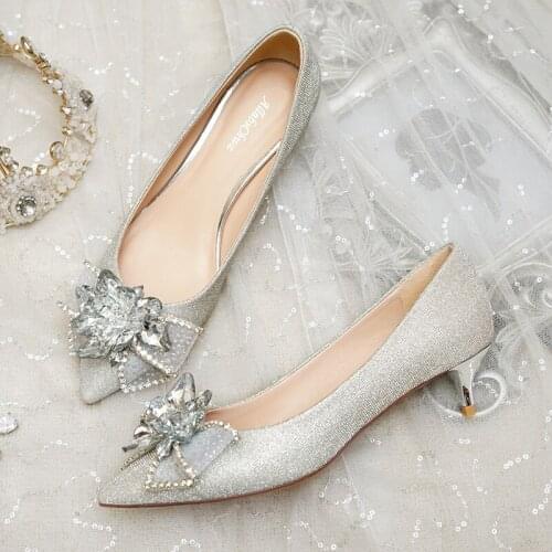 Wedding shoes womens low heels winter wedding bride shoes middle heel sequins 3cm pregnant womens wedding crystal shoes