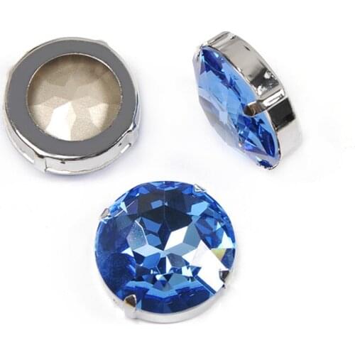 Light Sapphire Round Glass Rhinestones With Frame Claw Sew On Crystal Stone Strass Diamond Metal Base Buckle For Jewelry Clothes