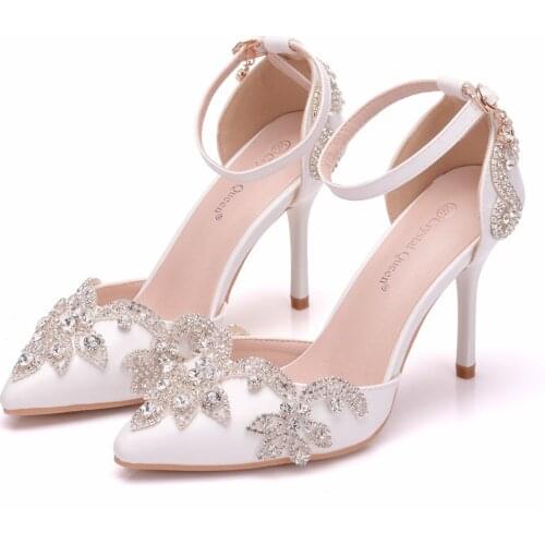 Bridesmaid Party Dress Shoes Rhinestone Women White Wedding Shoes Thin Heels Summer Sandals Ankle Strap High Heels 9cm Red shoe