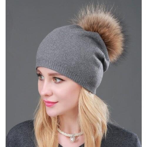 Hat Women Winter Knit Beanie Autumn Wool Raccoon Fur Pompom Double Layers Headwear Outdoor Skiing Snow Accessory Teenagers