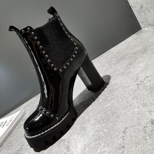 QZYERAI New 2021 Autumn Winter Women Boots Shoes Cow Patent Leather High Heels Platform Black Woman Dress Party Office Boots