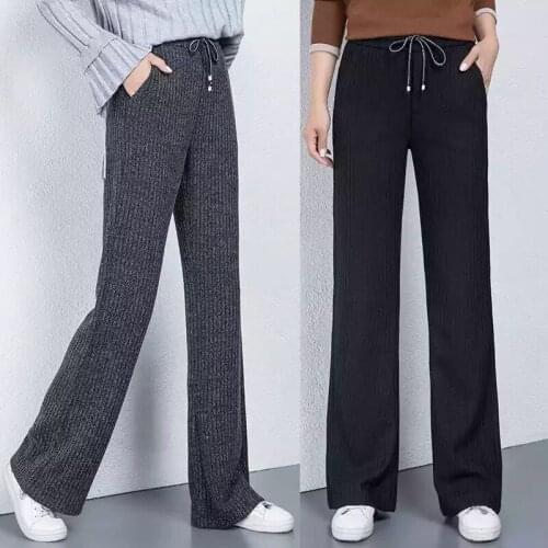 2019 Spring Fall Fashion Women Female Elastic High Waisted Knitting Black Grey Pants , Autumn Woman 3xl 4xl Wide Leg Trousers