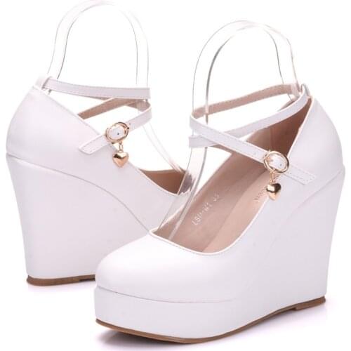 White platform womens shoes crystal queen high heels round head thick womens shoes size 33-42