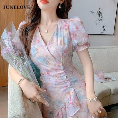 JuneLove Chic Short Sleeve Sundresses for Women Summer Design Sweet Floral Dresses Boho Beach One Piece Dress 2021 V-neck A-line